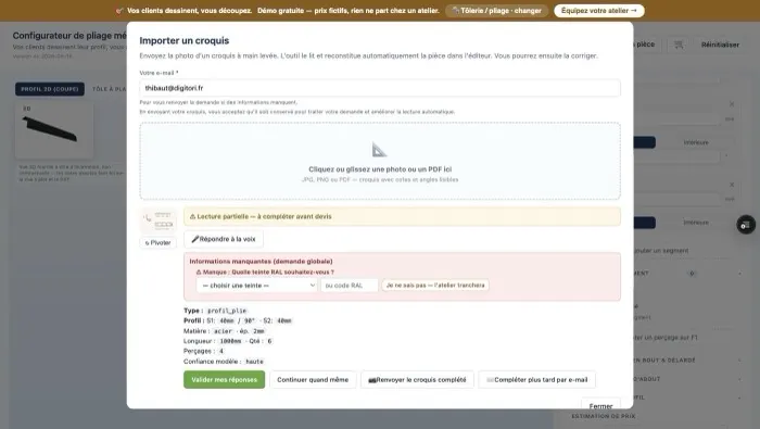 Question posée par le configurateur avec le bouton « répondre à la voix » à côté